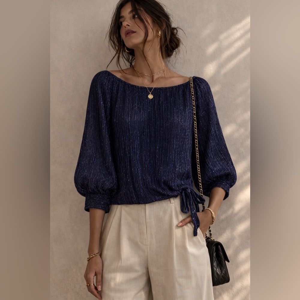 CeCe Shimmering Navy Blouse